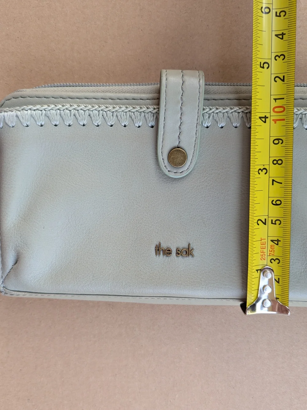 The Sak Iris Leather Large Smartphone Crossbody Wallet Sage Gray Wristlet Bag